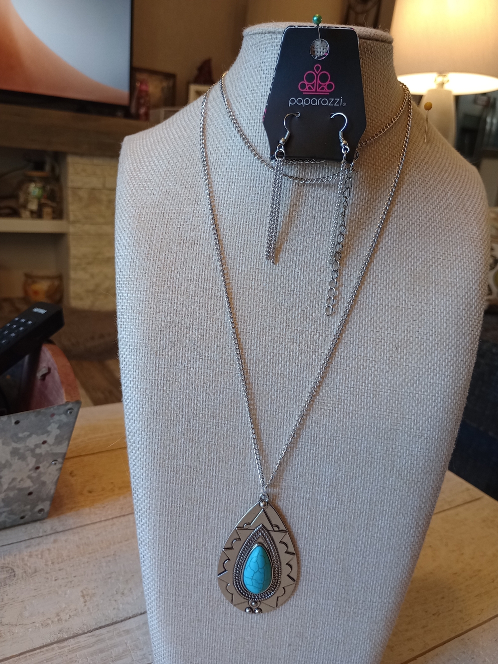 paparazzi Silver Teardrop Pendant Necklace with Turquoise Accent